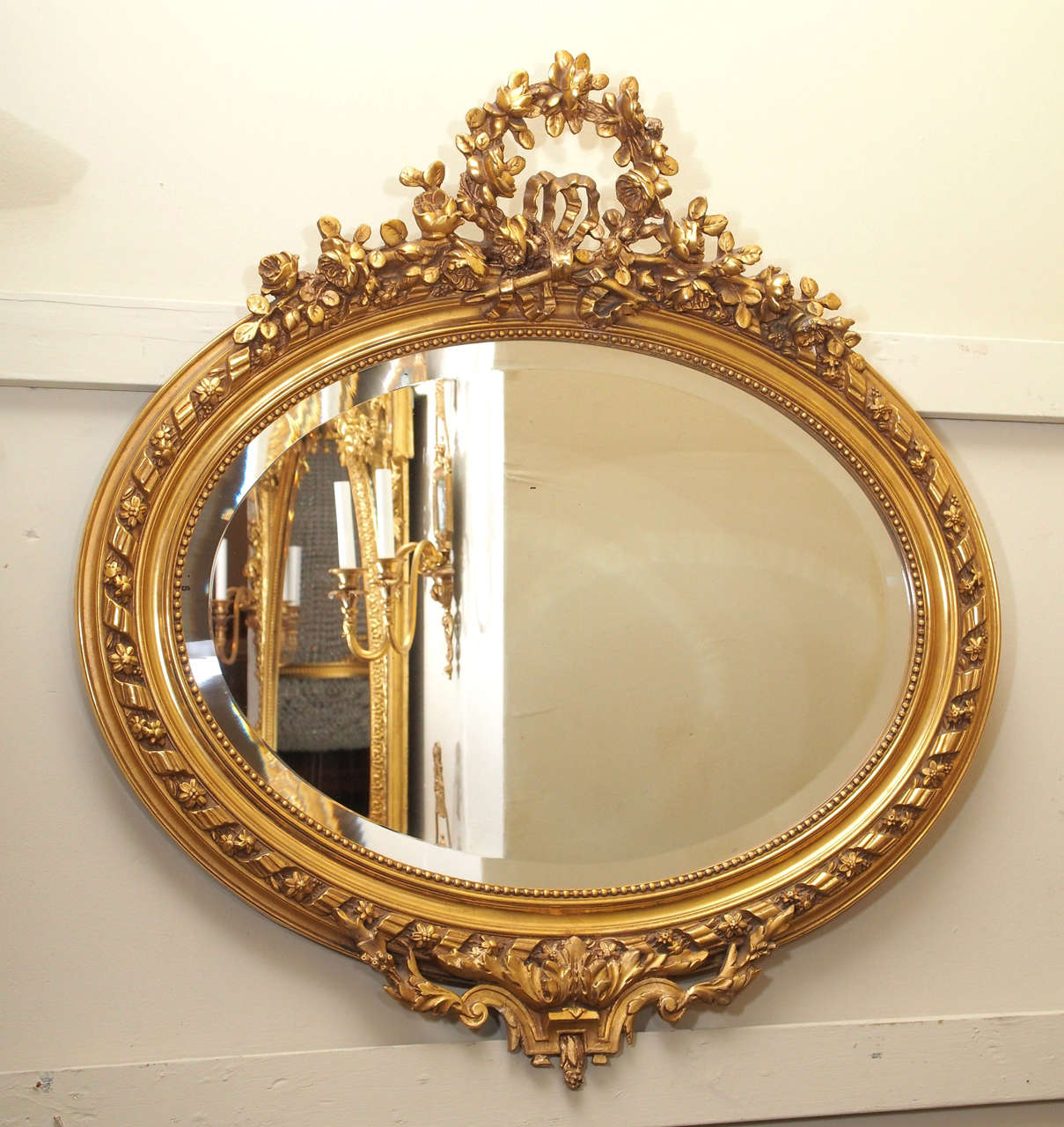 Antique French Louis XVI Gold Leaf Oval Beveled Mirror at 1stDibs