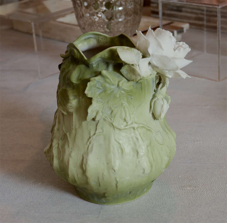 Very attractive green Art Pottery vase with figural white flowers, probably French