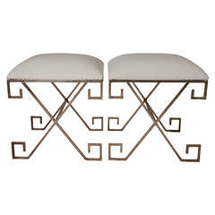 Silvered Metal Stool with Greek Key Design