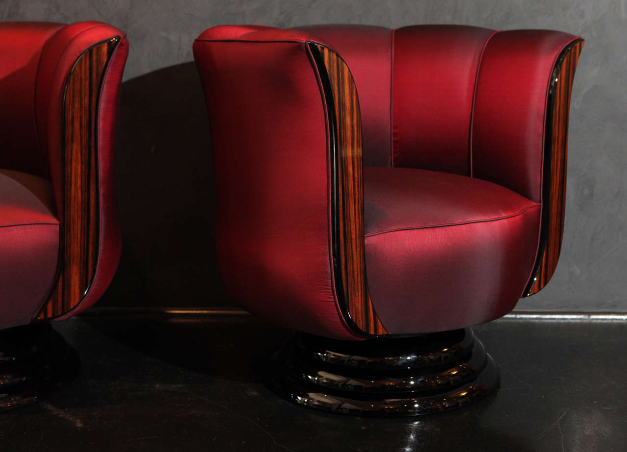 Pair of Red Silk Tulip Chairs In Excellent Condition For Sale In Los Angeles, CA