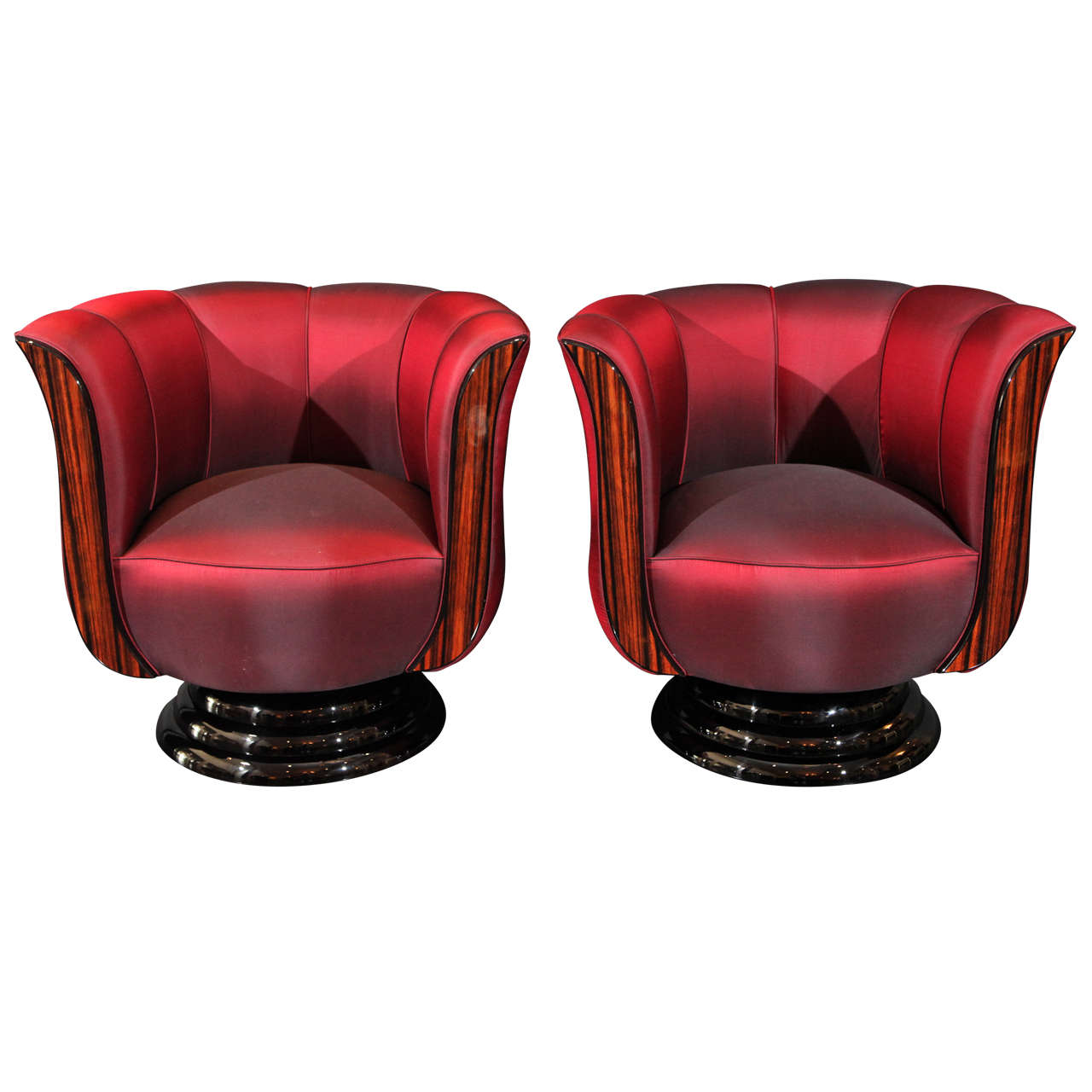 Pair of Red Silk Tulip Chairs For Sale