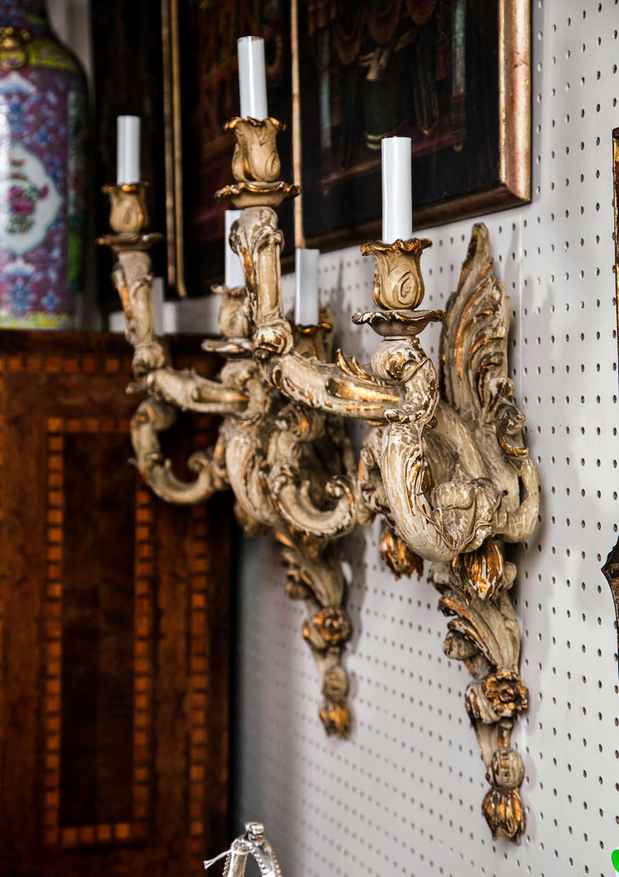 Pair Painted and Gilded Italian Carved Sconce 1