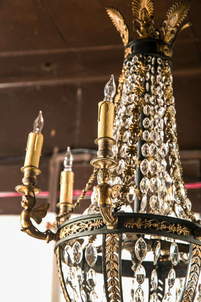 Crystal and Bronze 6 Light Chandelier For Sale 2
