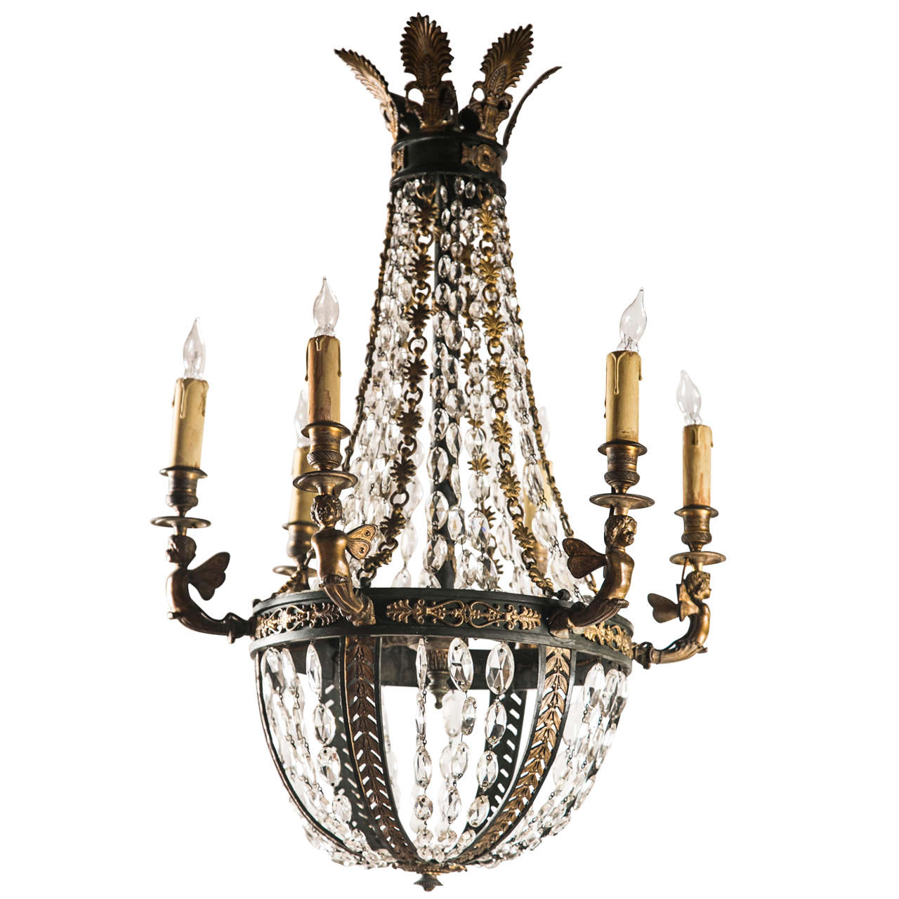 Crystal and Bronze 6 Light Chandelier For Sale