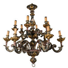 Antique Painted And Gilded Wood  12 Light Chandelier