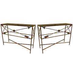 Pair of Handsome Iron Consoles with Smoked Black Glass Pair of Handsome Iron Consoles with Smoked Black Glass