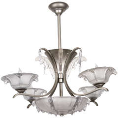French Art Deco Chandelier with Lalique Style Glass