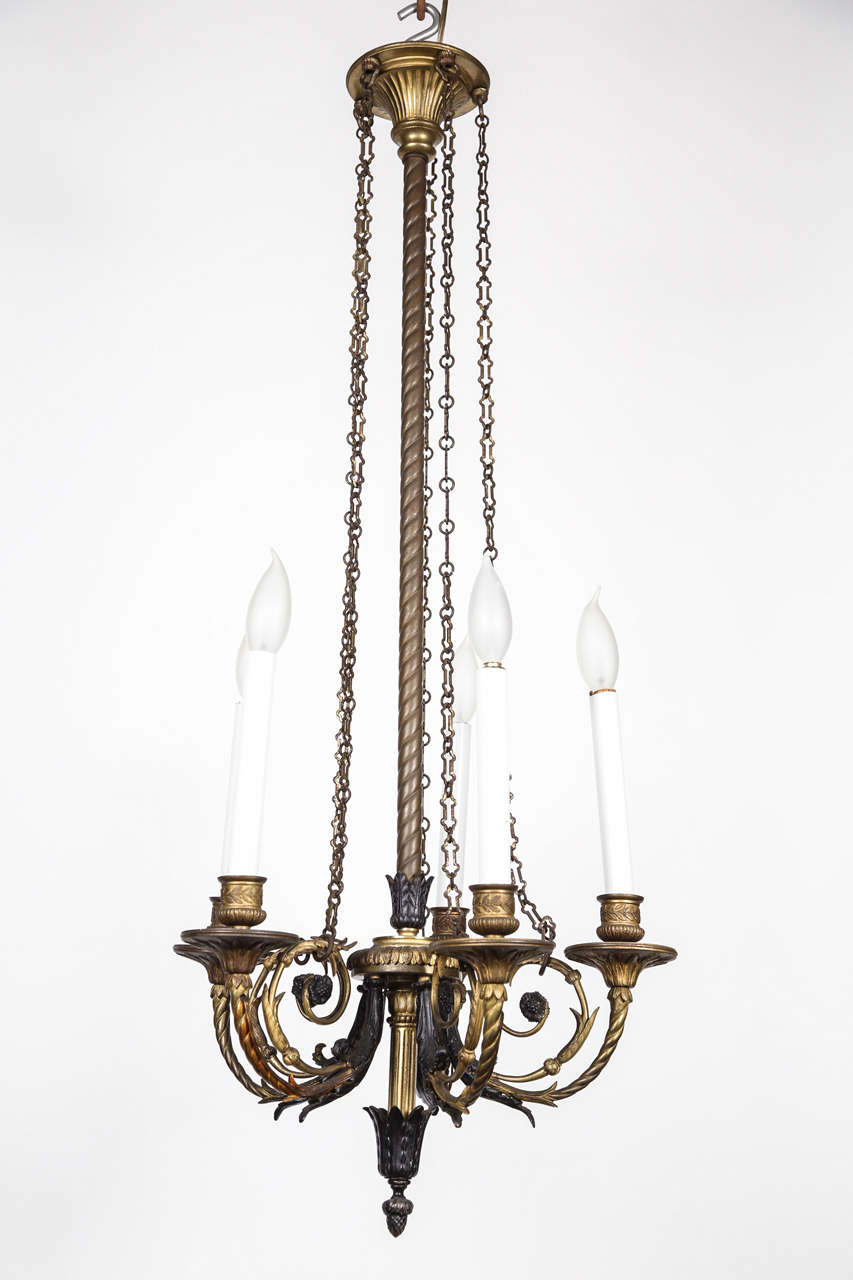Bronze Five Candle Floral Design Chandelier with Chains For Sale at 1stDibs