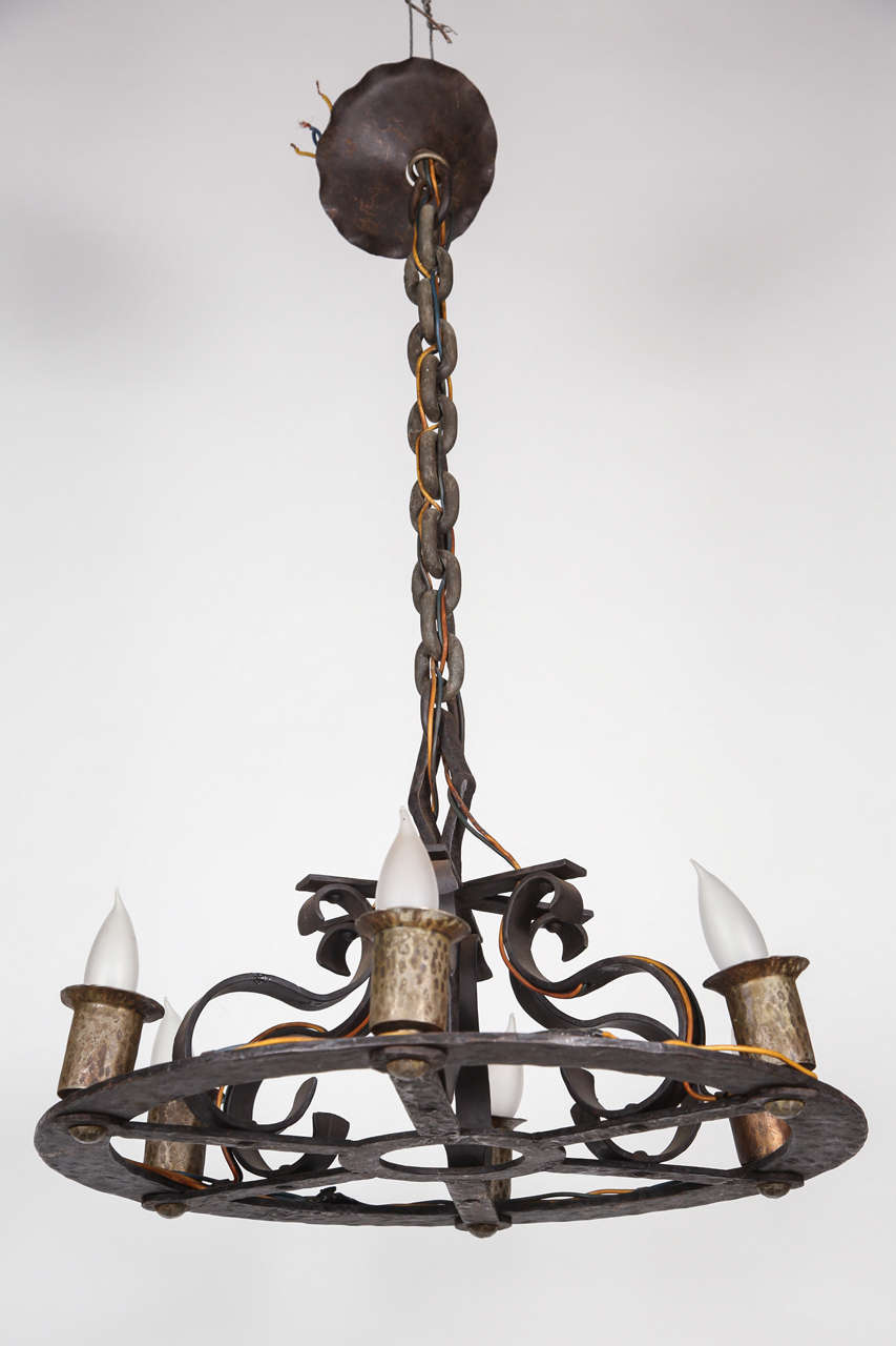 Craftsman Wrought and Hammered Six Candle Chandelier For Sale at