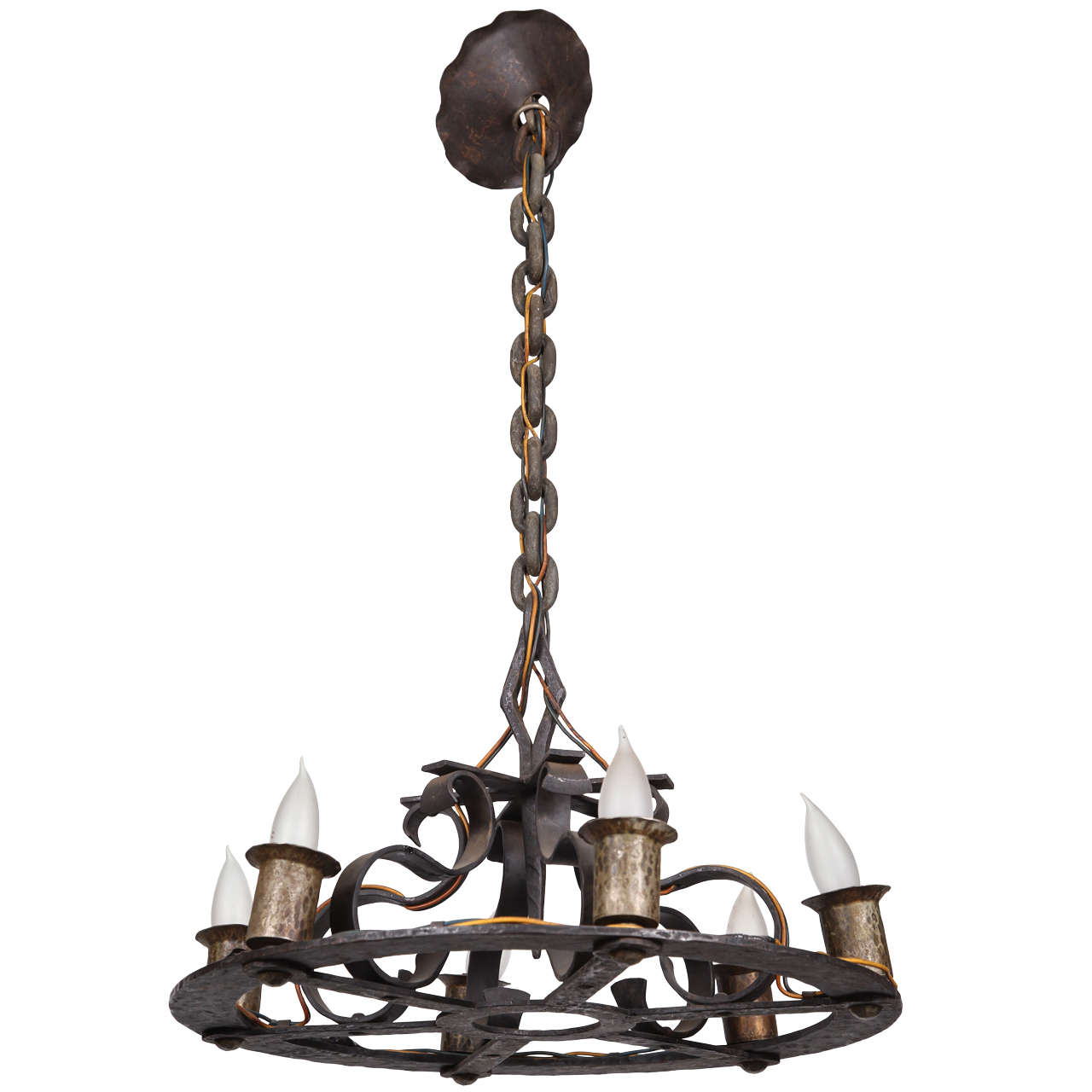 Craftsman Wrought and Hammered Six Candle Chandelier For Sale at