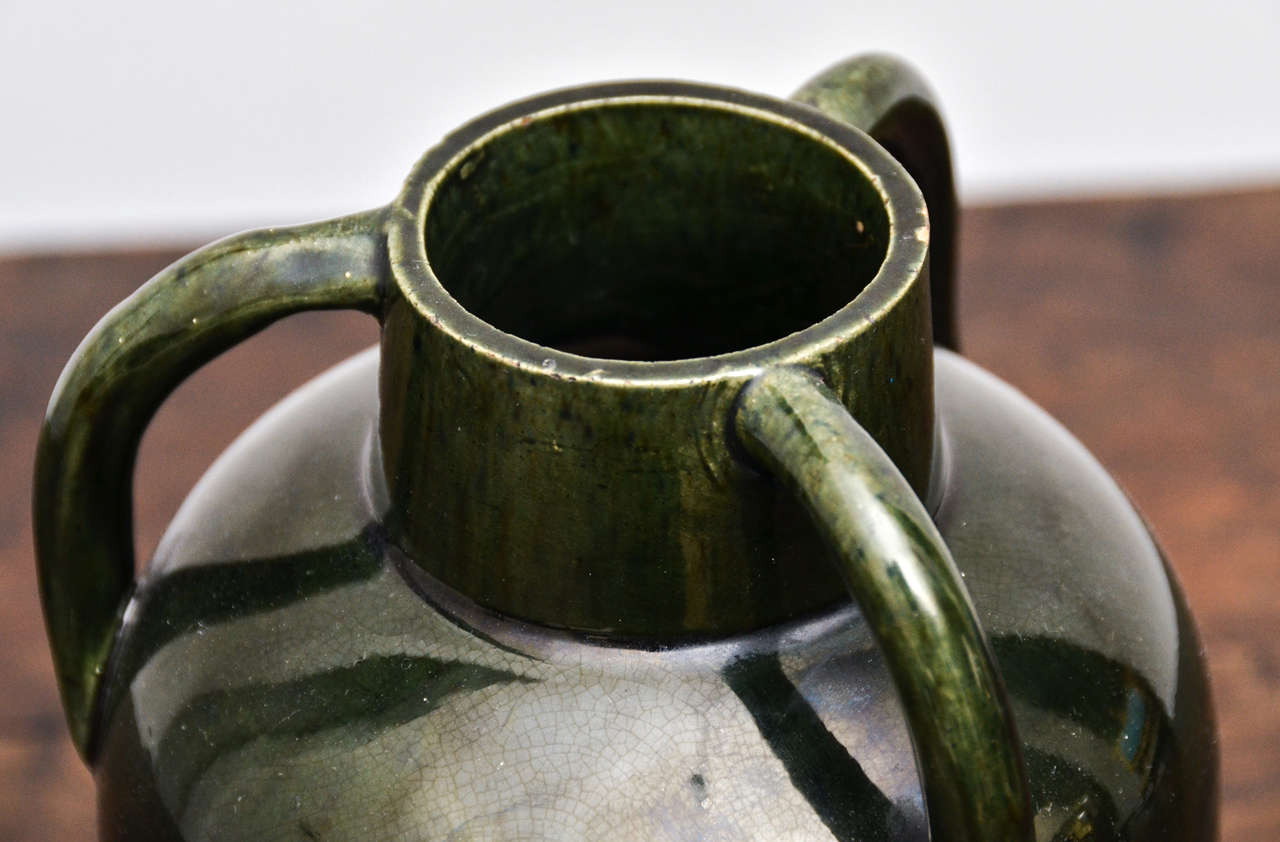 Dark Green Ceramic Vessel with Three Handles For Sale at 1stDibs