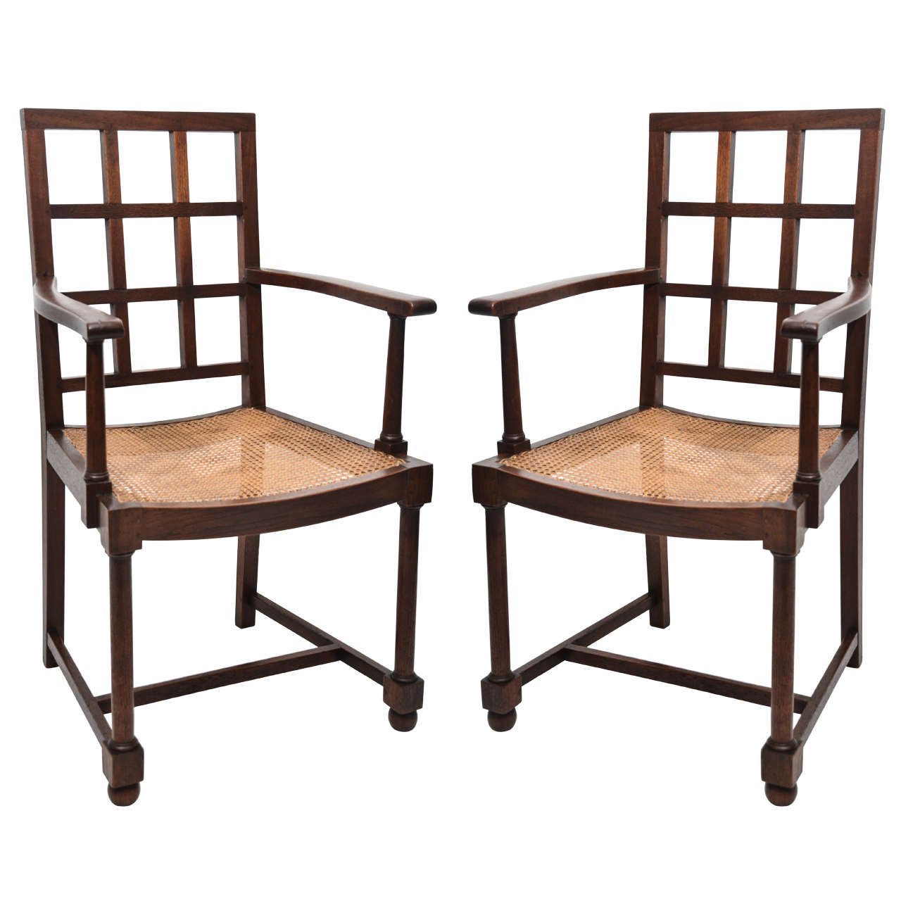 Pair of Teak with Caned Seats Armchairs, Attributed to Heal & Co For Sale