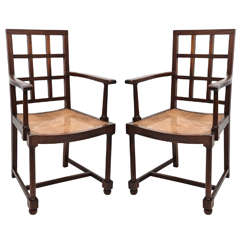 Antique Pair of Teak with Caned Seats Armchairs, Attributed to Heal & Co
