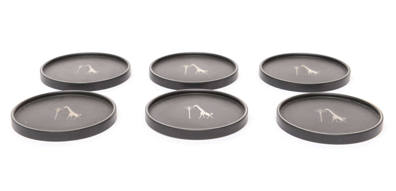 Swedish Set of 6 Isolite and Sterling Silver Coasters