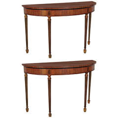 Fine Pair of George III Satinwood Marquetry, Demilune Console Tables