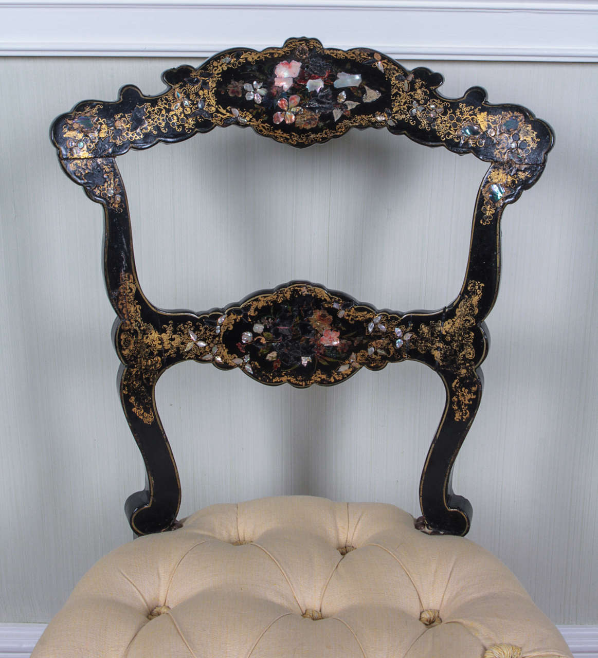 British Pair of 19th Century Black Papier Mâché and Mother-of-Pearl Side Chairs