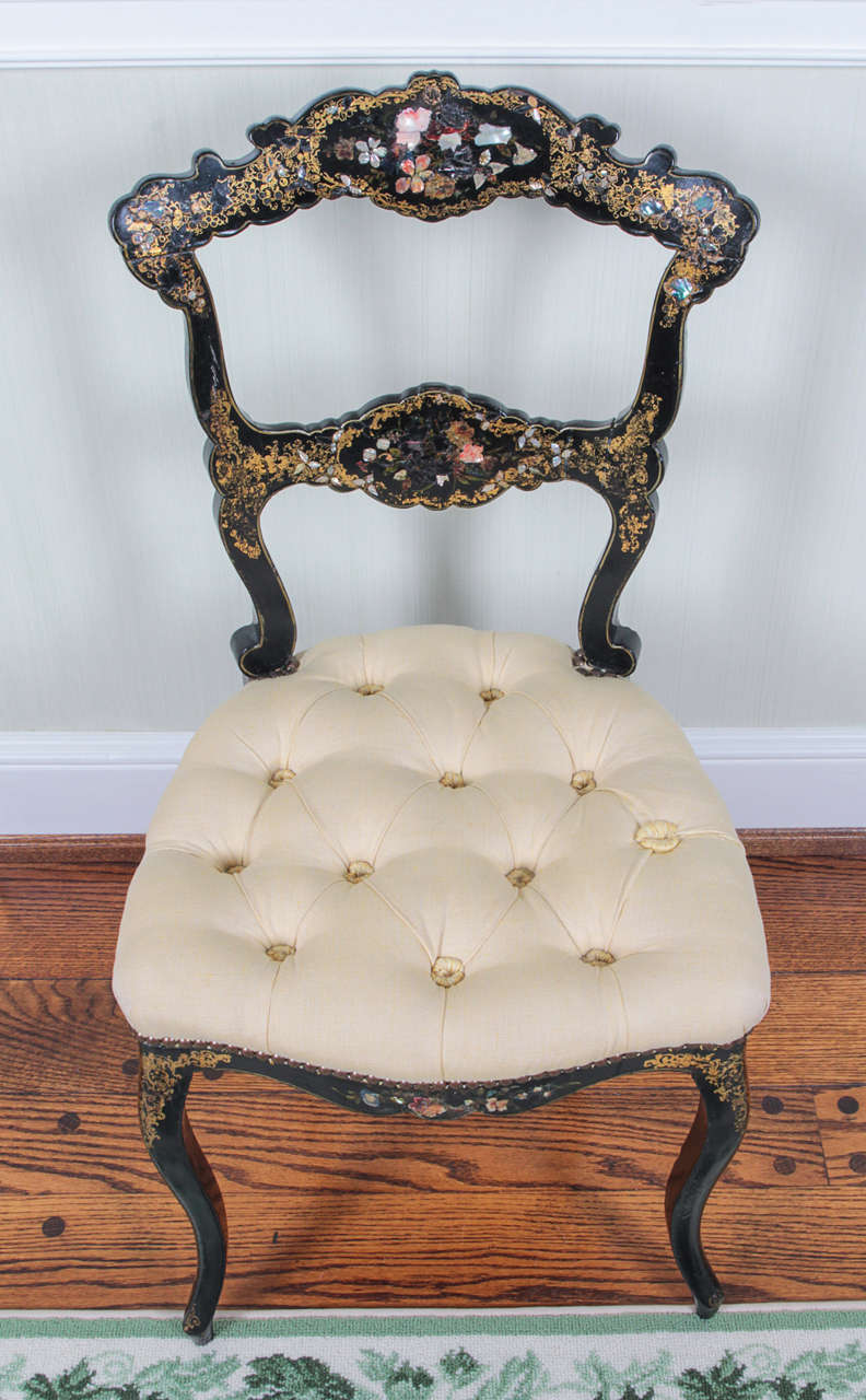 Pair of 19th Century Black Papier Mâché and Mother-of-Pearl Side Chairs 2