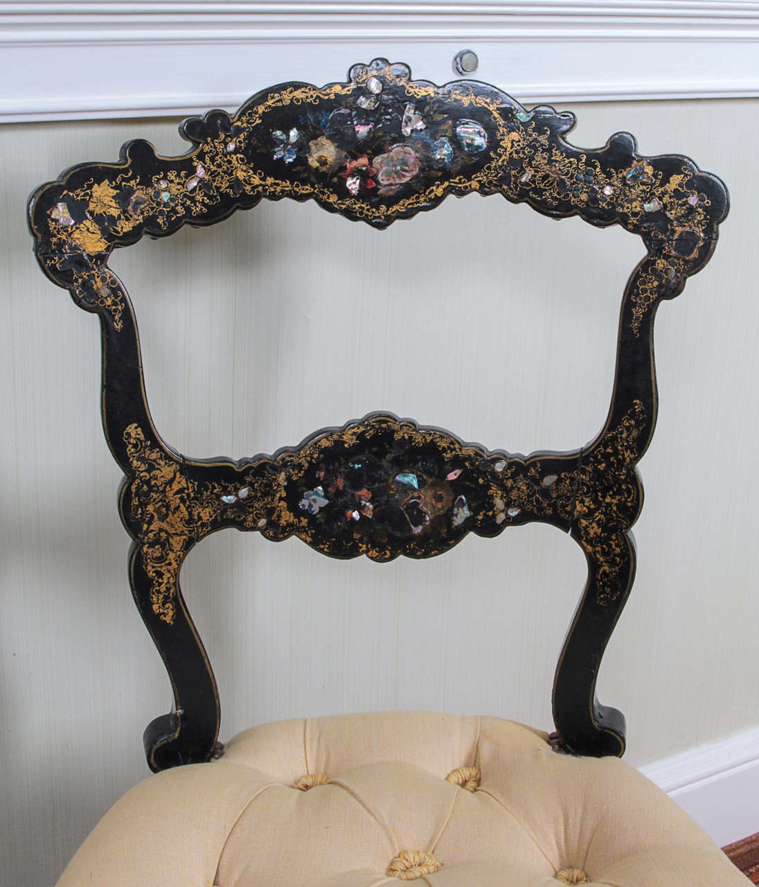 Pair of 19th Century Black Papier Mâché and Mother-of-Pearl Side Chairs 5