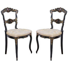 Pair of 19th Century Black Papier Mâché and Mother-of-Pearl Side Chairs