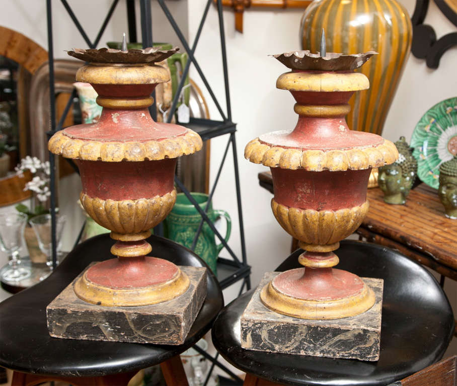 Pair of Urn Form Painted Wood  Italian Pricket Candlesticks