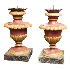 Pair of Urn Form Painted Wood  Italian Pricket Candlesticks