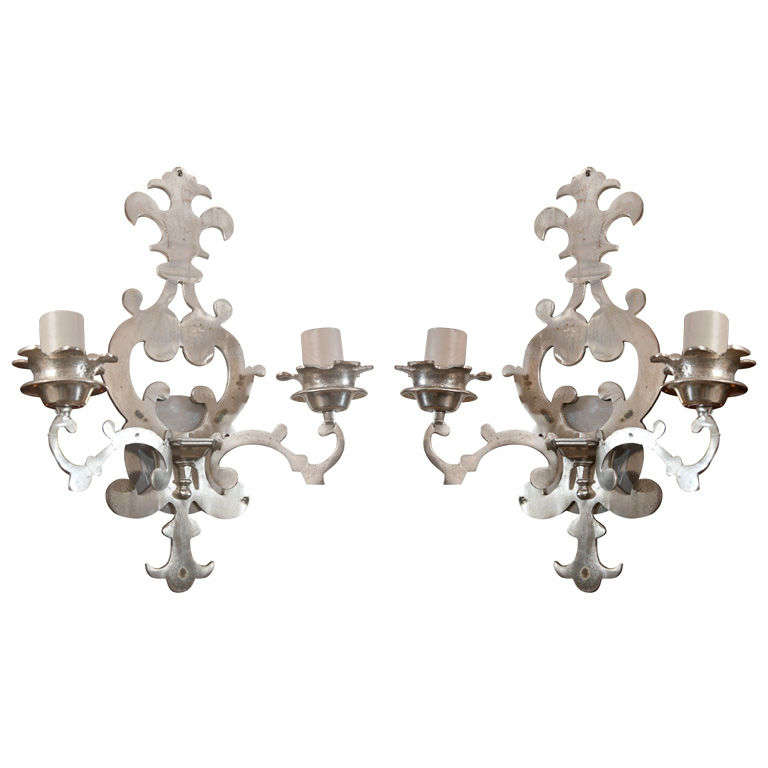 Pair of Nickelplated Brass Fleur-De-Lis Wall Sconces For Sale