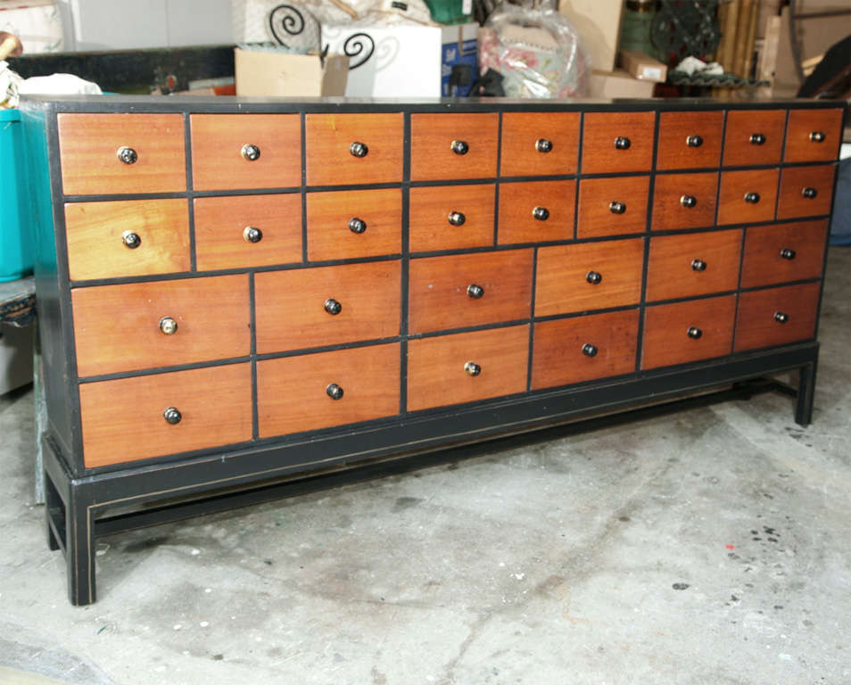 The perfect console or hall table, this long early 20th century apothecary chest sits on a custom-made stand. Ebonized wood frame contrast beautifully with the caramel tone drawer fronts. For added character each drawer features a dimpled metal pull.