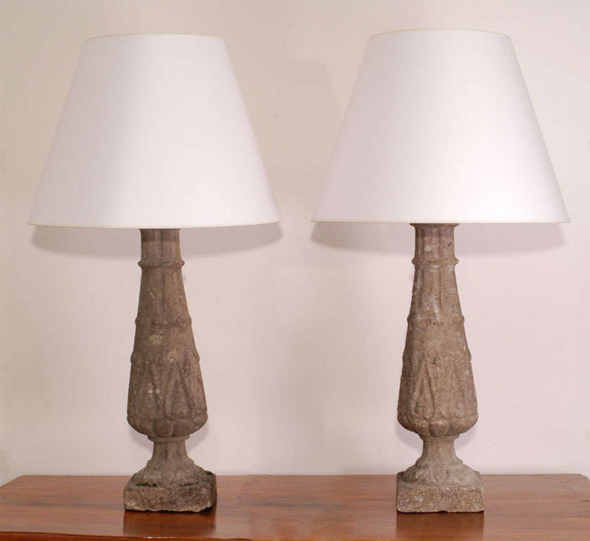 Pair of large concrete baluster table lamps with surround decoration