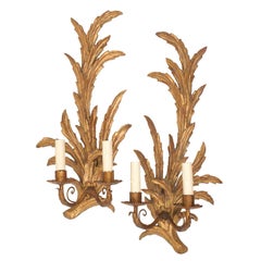 Pair of carved gilt wood Napoleon III two candle palmier sconces