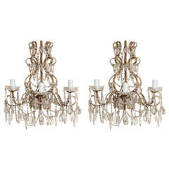 Pair of Gilded Iron and Beaded Three-light Sconces