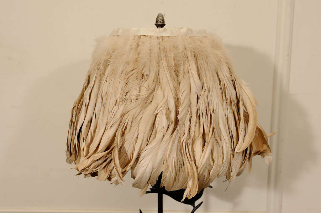 20th Century Metal Table Lamp with Feather covered Shade For Sale