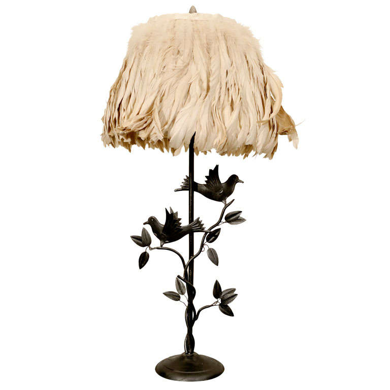 Metal Table Lamp with Feather covered Shade For Sale