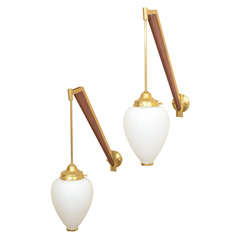 Pair of Walnut and Brass Sconces with Suspended Shade by Stilnovo