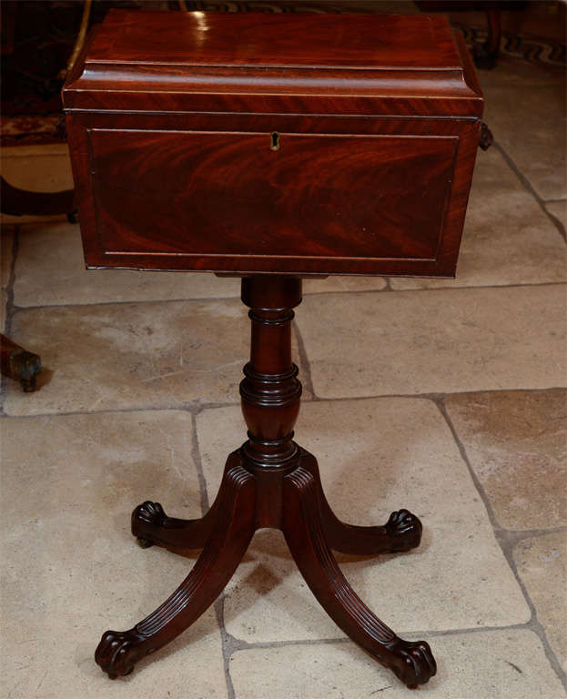 Fine and Rare New York mahogany string line inlaid pedestal base paw foot Teapoy.