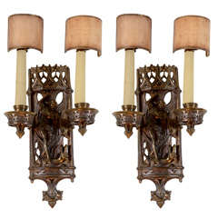 A Pair of 1920s American Gothic Revival Metal Two Branch Wall-lights