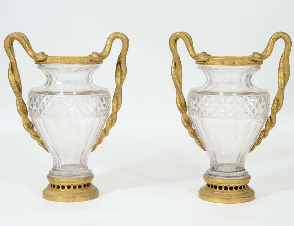 Pair of French Bronze and Crystal Vases