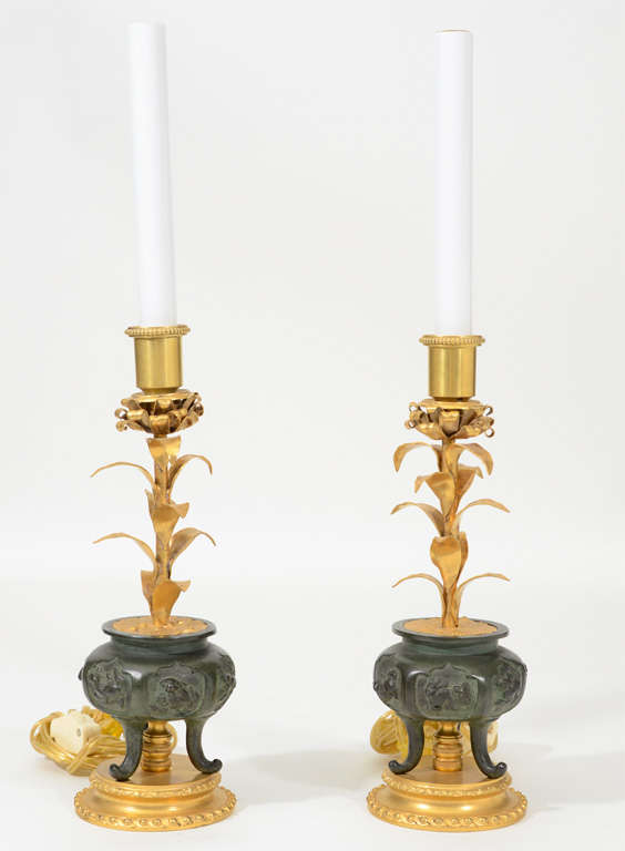 Pair of French Bronze Candlestick Lamps