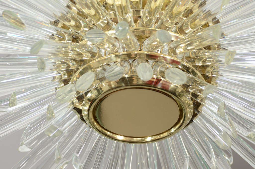 American Custom Illuminating Glass Rod Sputnik Chandelier in Polished Brass For Sale