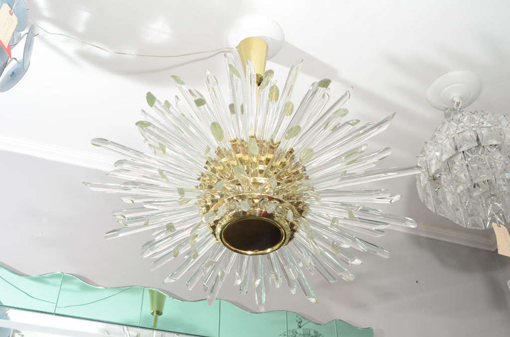 Mid-Century Modern Custom Illuminating Glass Rod Sputnik Chandelier in Polished Brass For Sale