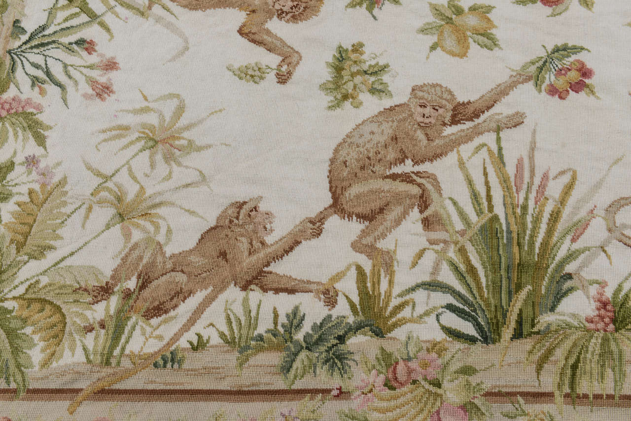 Hand Made Wool Needlepoint Rug with Monkeys In Good Condition In West Palm Beach, FL