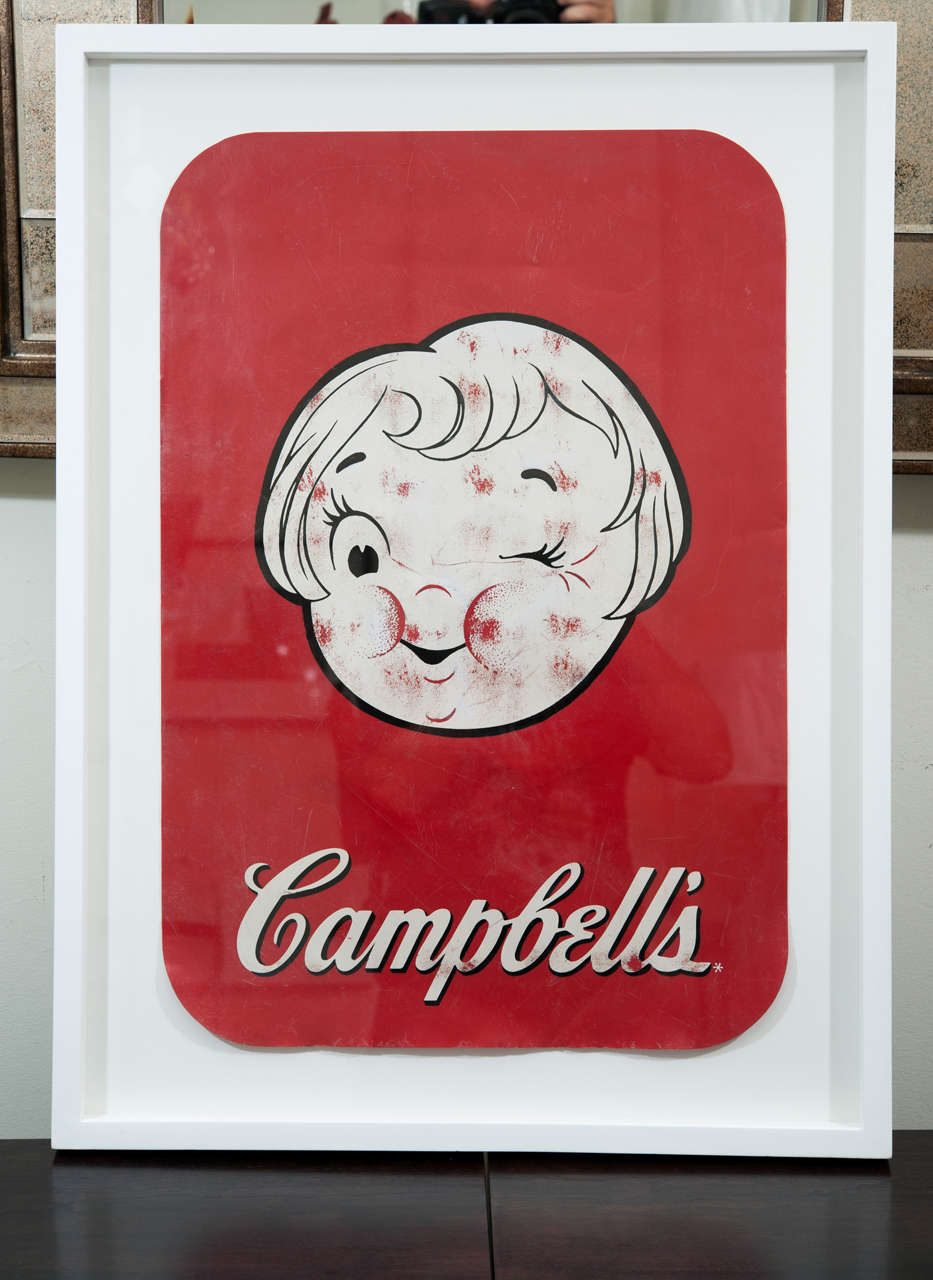 A bold and classic Cambell's soup advert printed on
vinyl and mounted in a shadow box frame. What a great graphic 
for a kitchen, family room or kids bedroom! Great decorative piece!!