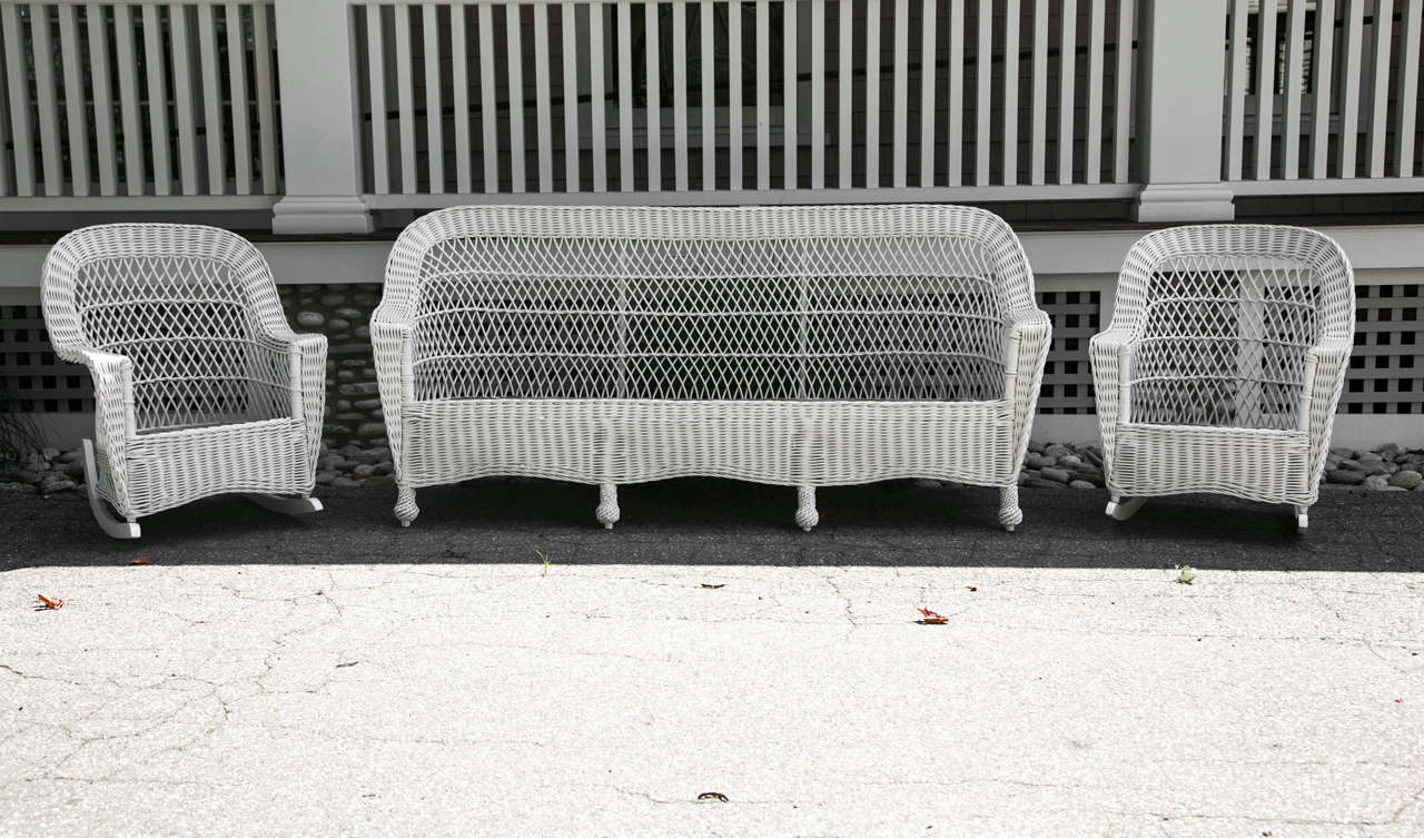 Beautiful antique Bar Harbor Wicker Sofa with full skirt on all sides.  Has matching settee and rockers in separate listings.  Second identical 80
