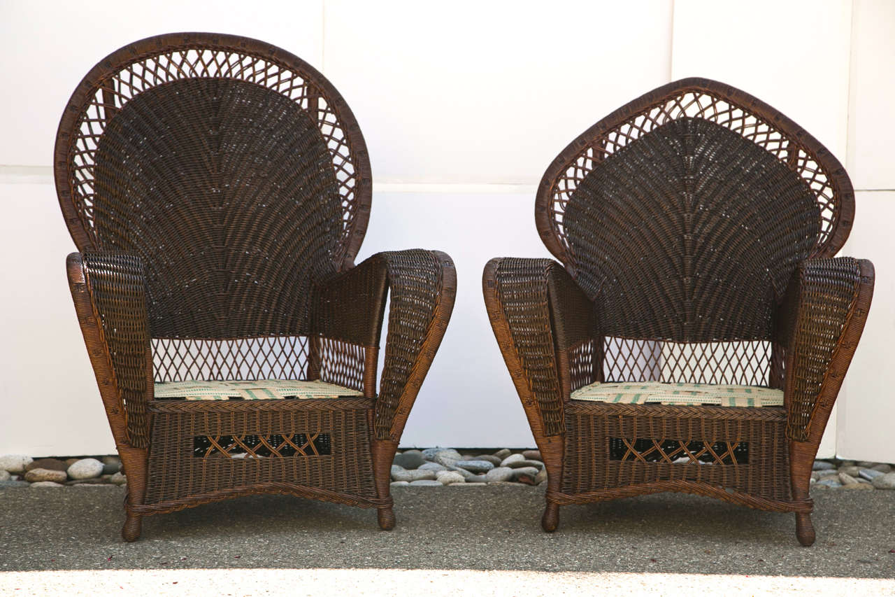 High Style Antique Wicker Chairs in natural finish.  Chairs are large scale, comfortable and sturdy. Chairs coordinate and are being sold with sofa which is listed separately.  Price is for three pieces.