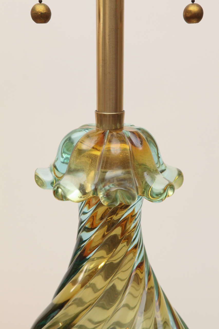 Gilt Pair of Large Twisted Glass Marbro Lamps