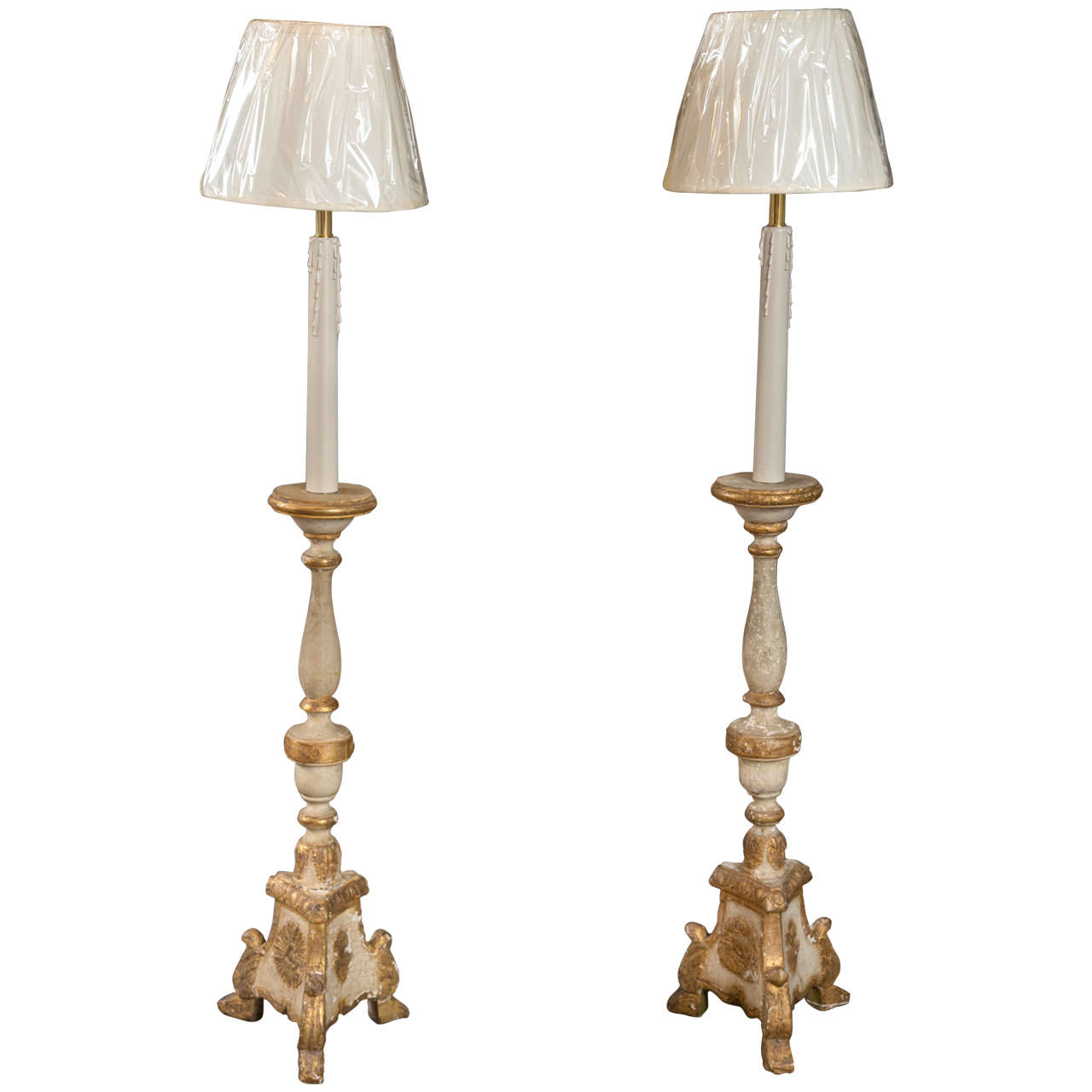 Pair of Painted Wood Floor Standing Candelabrum For Sale