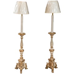 Antique Pair of Painted Wood Floor Standing Candelabrum