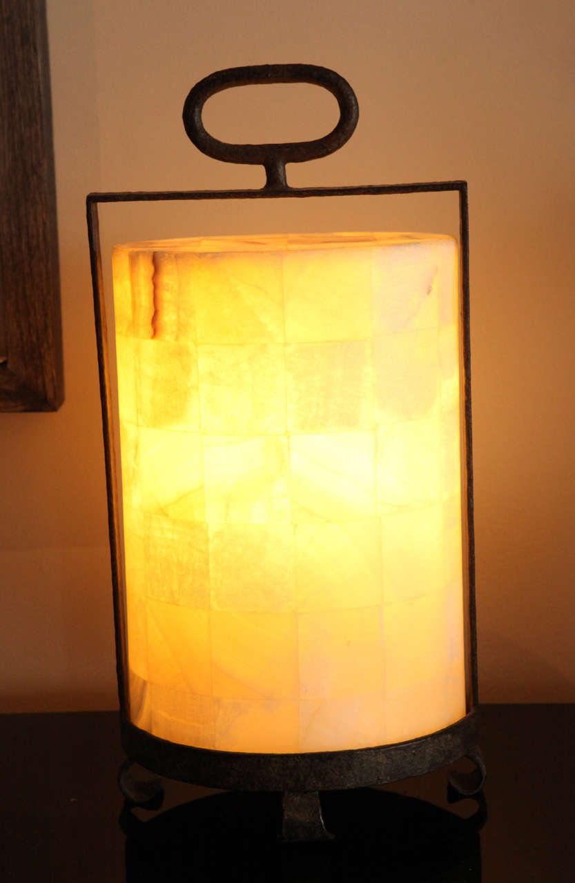 Rustic modern, organic modern quartz and iron lantern style table lamp. By order.
 