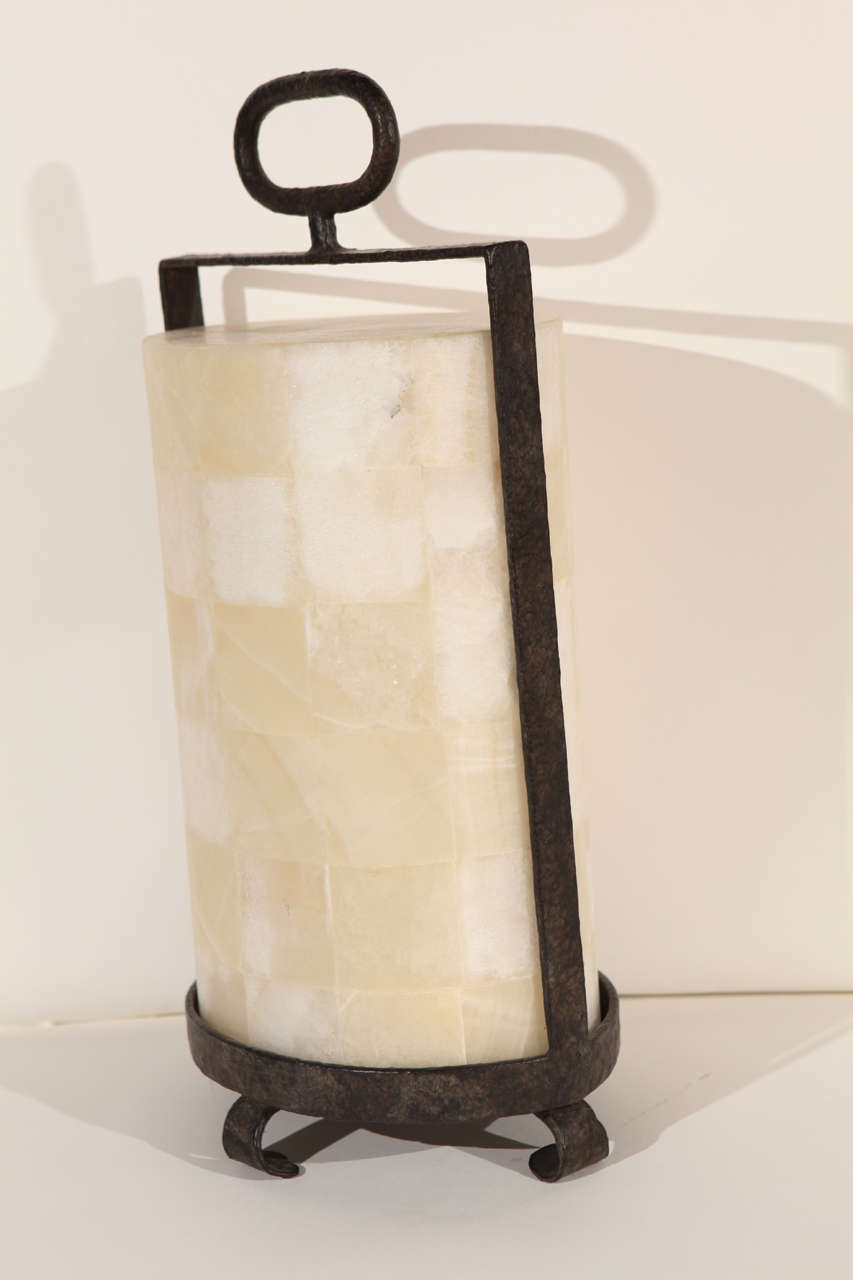 Modern Rustic Quartz and Iron Lantern Style Table Lamp In Excellent Condition For Sale In Los Angeles, CA