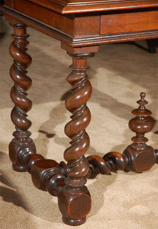 Beautiful, Walnut side-table with single drawer, original bronze handle and hand-carved legs and finial.