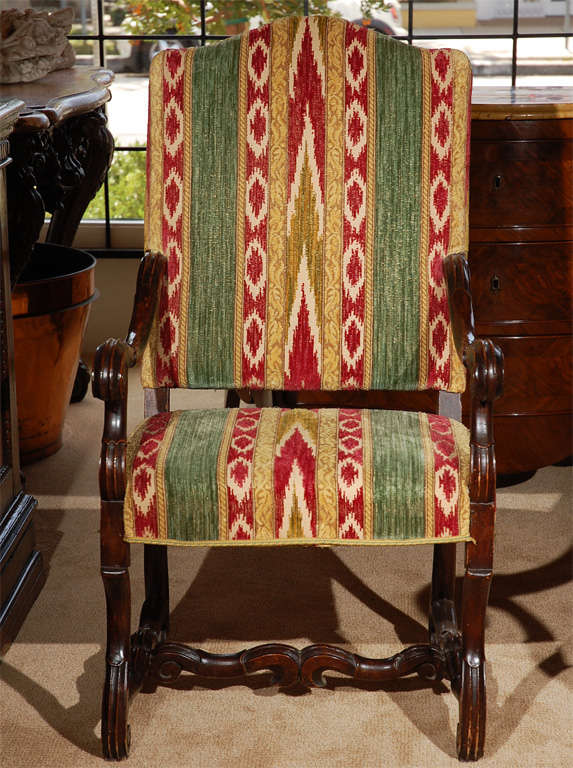 Pair of scrolling, walnut armchairs arm chairs, from Genoa Italy.